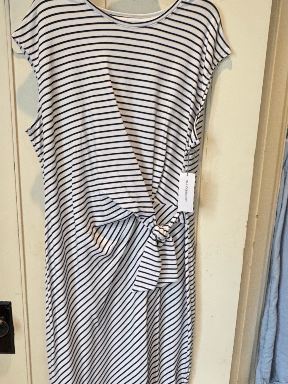 Liz Claiborne Black and White Striped Midi Dress with Front Tie